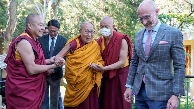 Professor Arthur Brooks leading the way as His Holiness the Dalai Lama reaches the meeting hall at his residence for the second day of discussion with groups from Harvard University in Dharamsala, HP, India on April 9, 2024. Photo by Tenzin Choejor Professor Arthur Brooks leading the way as His Holiness the Dalai Lama reaches the meeting hall at his residence for the second day of discussion with groups from Harvard University in Dharamsala, HP, India on April 9, 2024. Photo by Tenzin Choejor