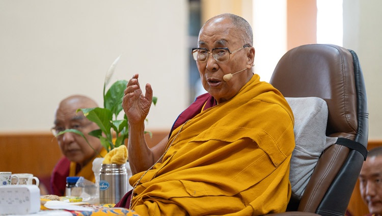 His Holiness the Dalai Lama addressing the congregation during the Mani Dhungdrub at the Main Tibetan Temple in Dharamsala, HP, India on May 11, 2024. Photo by Tenzin Choejor