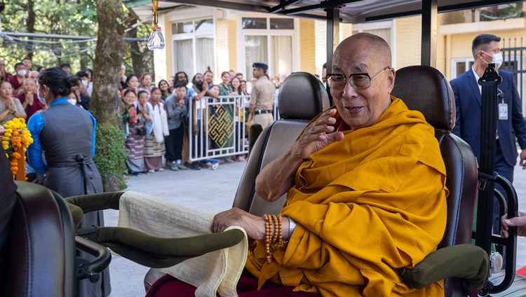 His Holiness the Dalai Lama on his way to the Main Tibetan Temple to give a Mahakala permission in Dharamsala, HP, India on May 18, 2024. Photo by Ven Zamling Norbu His Holiness the Dalai Lama on his way to the Main Tibetan Temple to give a Mahakala permission in Dharamsala, HP, India on May 18, 2024. Photo by Ven Zamling Norbu