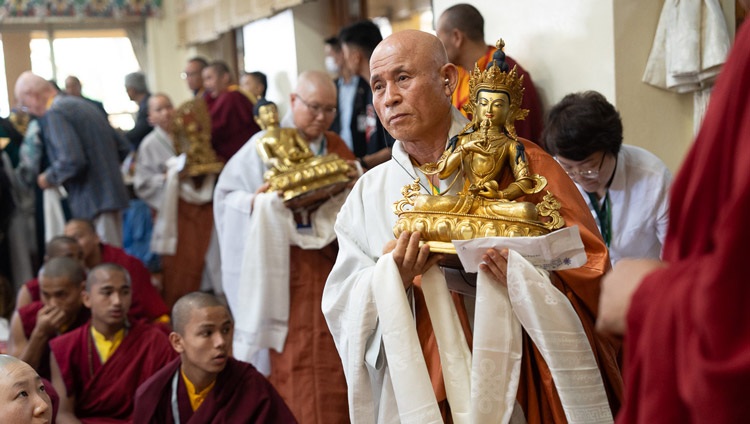 A procession of offerings as a feast offering was made at the conclusion of the Mahakala permission given by His Holiness the Dalai Lama at the Main Tibetan Temple in Dharamsala, HP, India on May 18, 2024. Photo by Tenzin Choejor A procession of offerings as a feast offering was made at the conclusion of the Mahakala permission given by His Holiness the Dalai Lama at the Main Tibetan Temple in Dharamsala, HP, India on May 18, 2024. Photo by Tenzin Choejor
