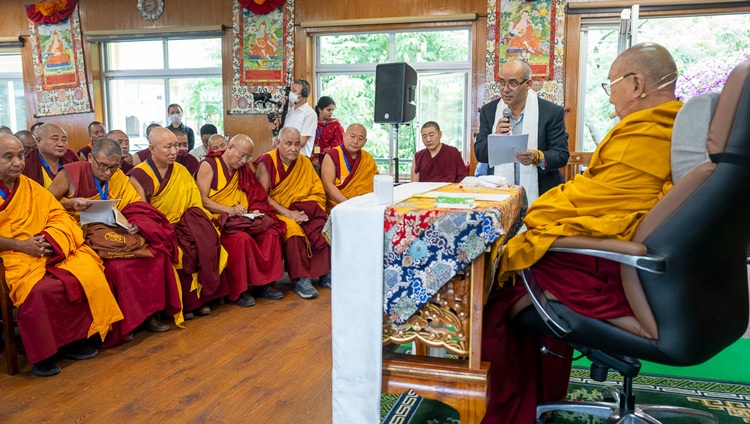 Executive Director of the Emory Compassion Center, Geshé Lobsang Tenzin Negi, introducing the program at the start of the meeting with His Holiness the Dalai Lama and participants in a conference about the impact of Contemplative studies at His Holiness's residence in Dharamsala, HP, India on May 24, 2024. Photo by Tenzin Choejor Executive Director of the Emory Compassion Center, Geshé Lobsang Tenzin Negi, introducing the program at the start of the meeting with His Holiness the Dalai Lama and participants in a conference about the impact of Contemplative studies at His Holiness's residence in Dharamsala, HP, India on May 24, 2024. Photo by Tenzin Choejor