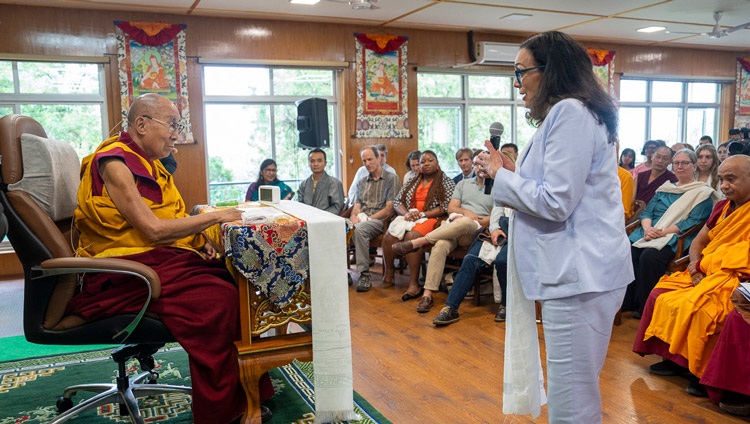 Barbara Krauthamer, Dean of Emory College of Arts and Sciences, thanking His Holiness the Dalai Lama for his vision and kindness during the meeting with participants of the conference about the impact of Contemplative studies, co-organized by Emory University and The Dalai Lama Trust, at his residence in Dharamsala, HP, India on May 24, 2024. Photo by Tenzin Choejor Barbara Krauthamer, Dean of Emory College of Arts and Sciences, thanking His Holiness the Dalai Lama for his vision and kindness during the meeting with participants of the conference about the impact of Contemplative studies, co-organized by Emory University and The Dalai Lama Trust, at his residence in Dharamsala, HP, India on May 24, 2024. Photo by Tenzin Choejor