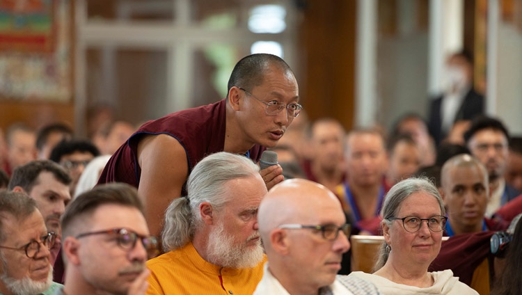 A monk from the ETSI program asking His Holiness the Dalai Lama a question during the meeing with participants in a conference about the impact of Contemplative studies at his residence in Dharamsala, HP, India on May 24, 2024. Photo by Ven Zamling Norbu A monk from the ETSI program asking His Holiness the Dalai Lama a question during the meeing with participants in a conference about the impact of Contemplative studies at his residence in Dharamsala, HP, India on May 24, 2024. Photo by Ven Zamling Norbu