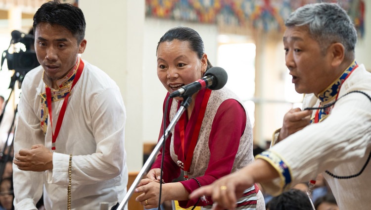 Members of the Introduction to Buddhism Course, adult women and men, engaging in a demonstration of their debating skills on the second day of His Holiness the Dalai Lama's teachings for young Tibetans at the Main Tibetan Temple in Dharamsala, HP, India on June 4, 2024. Photo by Tenzin Choejor Members of the Introduction to Buddhism Course, adult women and men, engaging in a demonstration of their debating skills on the second day of His Holiness the Dalai Lama's teachings for young Tibetans at the Main Tibetan Temple in Dharamsala, HP, India on June 4, 2024. Photo by Tenzin Choejor