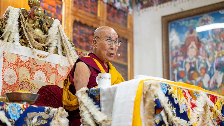 His Holiness the Dalai Lama addressing the congregation during the Long Life Prayer at the Main Tibetan Temple in Dharamsala, HP, India on June 11, 2024. Photo by Tenzin Choejor