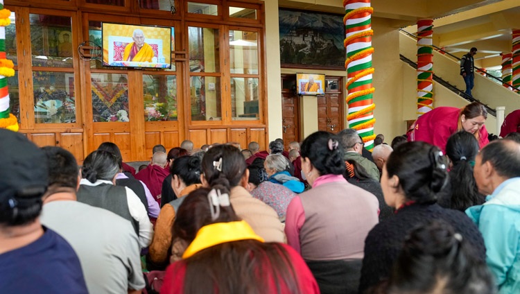 Members of the audience sitting in the courtyard watching Ven Professor Samdhong Rinpoché teaching at the Main Tibetan Temple in Dharamsala, HP, on September 6, 2024. Photo by Ven Zamling Norbu Members of the audience sitting in the courtyard watching Ven Professor Samdhong Rinpoché teaching at the Main Tibetan Temple in Dharamsala, HP, on September 6, 2024. Photo by Ven Zamling Norbu