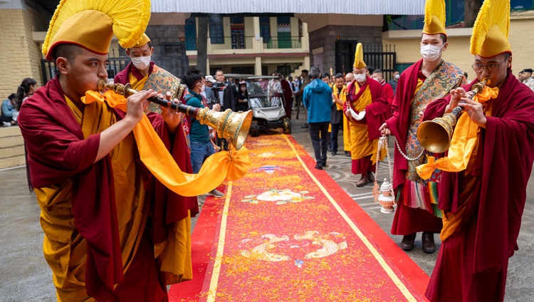 His Holiness the Dalai Lama arriving by golf cart at the Main Tibetan Temple courtyard on his way to participate in a Long Life Prayer offered by the Mönpa Community of Arunachal Pradesh in Dharamsala, HP, India on September 7, 2024. Photo by Tenzin Choejor His Holiness the Dalai Lama arriving by golf cart at the Main Tibetan Temple courtyard on his way to participate in a Long Life Prayer offered by the Mönpa Community of Arunachal Pradesh in Dharamsala, HP, India on September 7, 2024. Photo by Tenzin Choejor