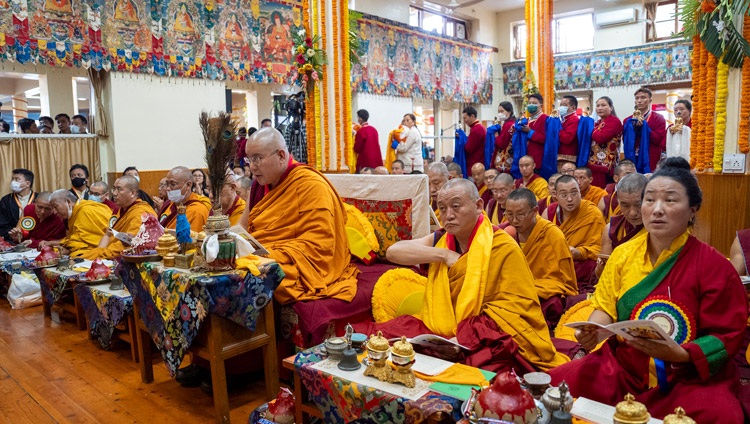 Ling Rinpoché presiding over the Long Life ceremony offered to His Holiness the Dalai Lama by the Mönpa Community of Arunachal Pradesh at the Main Tibetan Temple in Dharamsala, HP, India on September 7, 2024. Photo by Tenzin Choejor Ling Rinpoché presiding over the Long Life ceremony offered to His Holiness the Dalai Lama by the Mönpa Community of Arunachal Pradesh at the Main Tibetan Temple in Dharamsala, HP, India on September 7, 2024. Photo by Tenzin Choejor