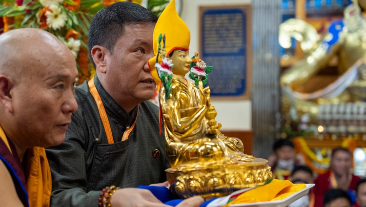 Arunachal Pradesh Chief Minister Pema Khandu offering His Holiness the Dalai Lama a statue of Jé Tsongkhapa during the Long Life Ceremony at the Main Tibetan Temple in Dharamsala, HP, India on September 7, 2024. Photo by Tenzin Choejor Arunachal Pradesh Chief Minister Pema Khandu offering His Holiness the Dalai Lama a statue of Jé Tsongkhapa during the Long Life Ceremony at the Main Tibetan Temple in Dharamsala, HP, India on September 7, 2024. Photo by Tenzin Choejor