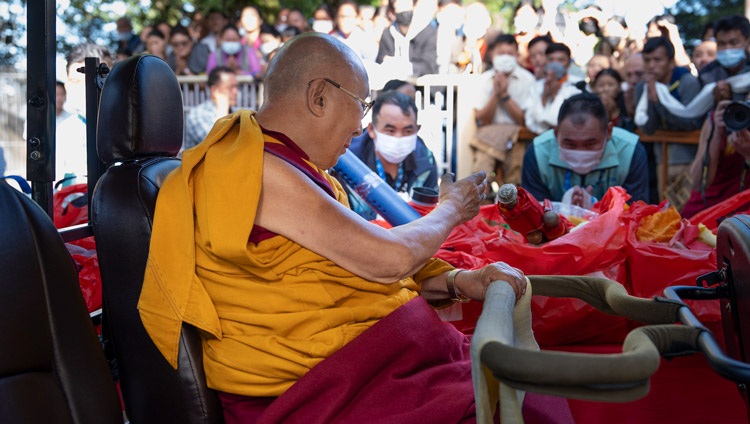 His Holiness the Dalai Lama riding a golf-cart from his residence to the Main Tibetan Temple to give his teaching for South-east Asian Buddhists in Dharamsala, HP, India on September 12, 2024. Photo by Tenzin Choejor His Holiness the Dalai Lama riding a golf-cart from his residence to the Main Tibetan Temple to give his teaching for South-east Asian Buddhists in Dharamsala, HP, India on September 12, 2024. Photo by Tenzin Choejor