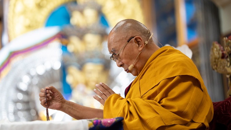 His Holiness the Dalai Lama giving the oral transmission of the six-syllable mantra of Avalokiteshvara, Om mani padme hung, during the teaching for South-east Asian Buddhists at the Main Tibetan Temple in Dharamsala, HP, India on September 12, 2024. Photo by Tenzin Choejor His Holiness the Dalai Lama giving the oral transmission of the six-syllable mantra of Avalokiteshvara, Om mani padme hung, during the teaching for South-east Asian Buddhists at the Main Tibetan Temple in Dharamsala, HP, India on September 12, 2024. Photo by Tenzin Choejor