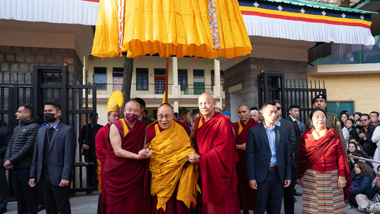 His Holiness the Dalai Lama arriving at the Main Tibetan Temple courtyard on the Day of Miracles in Dharamsala, HP, India on March 14, 2025. Photo by Tenzin Choejor