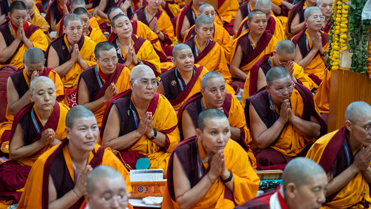 Monastics in the audience listening to His Holiness the Dalai Lama speaking during the Long Life Prayers at the Main Tibetan Temple in Dharamsala, HP, India on April 2, 2025. Photo by Ven Zamling Norbu
