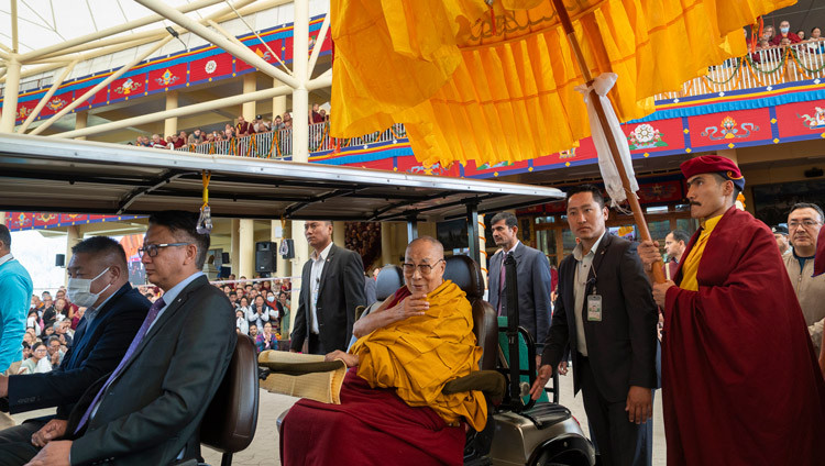 His Holiness the Dalai Lama arriving at the Main Tibetan Temple to attend Long Life Prayers offered to him by members of the Drukpa Kagyu tradition in Dharamsala, HP, India on April 2, 2025. Photo by Tenzin Choejor