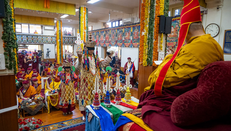 Monks dressed as dakinis performing rituals during the Long Life Prayers for His Holiness the Dalai Lama at the Main Tibetan Temple in Dharamsala, HP, India on April 2, 2025. Photo by Ven Zamling Norbu