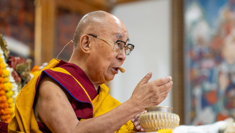 His Holiness the Dalai Lama addressing the congregation during the Long Life Prayers offered to him by members of the Drukpa Kagyu tradition at the Main Tibetan Temple in Dharamsala, HP, India on April 2, 2025. Photo by Tenzin Choejor