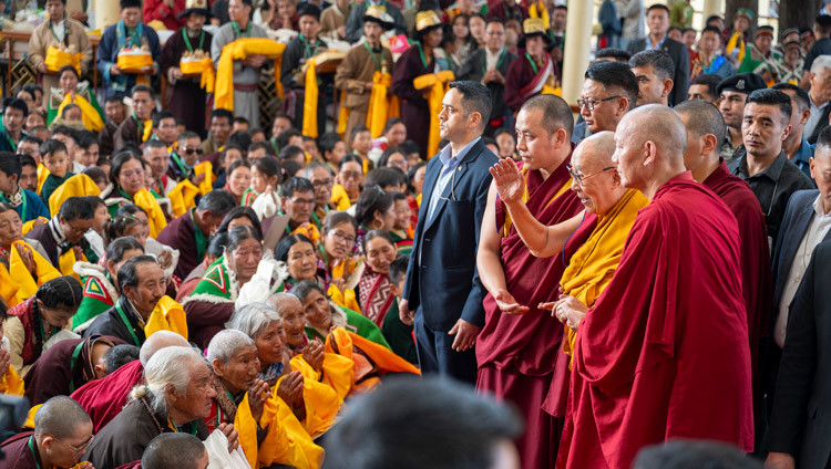 His Holiness the Dalai Lama waving to the crowd as he arrives to attend Long Life Prayers offered to him by the people of Spiti at the Main Tibetan Temple courtyard in Dharamsala, HP, India on April 10, 2025. Photo by Ven Zamling Norbu