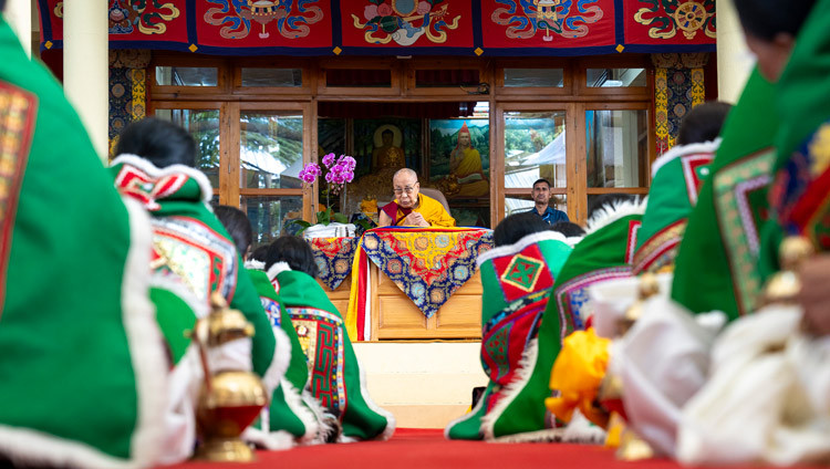 His Holiness the Dalai Lama addressing the congregation during Long Life Prayers offered to him by the people of Spiti at the Main Tibetan Temple courtyard in Dharamsala, HP, India on April 10, 2025. Photo by Tenzin Choejor