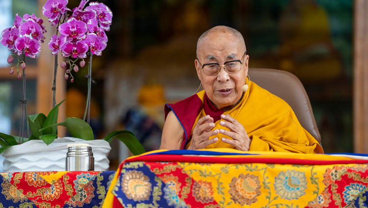 His Holiness the Dalai Lama speaking during the Long Life Prayers offered to him by the people of Spiti at the Main Tibetan Temple courtyard in Dharamsala, HP, India on April 10, 2025. Photo by Tenzin Choejor