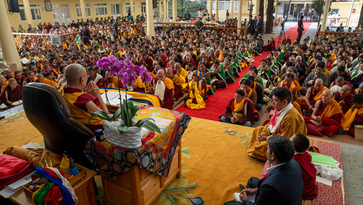 A view of the more than 1,300 people from Spiti gathered in the Main Tibetan Temple courtyard to offer Long Life Prayers to His Holiness the Dalai Lama in Dharamsala, HP, India on April 10, 2025. Photo by Tenzin Choejor
