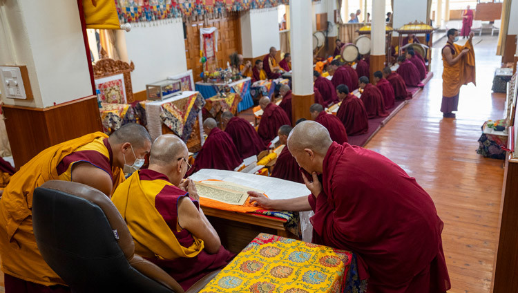 His Holiness the Dalai Lama taking part in recitations during Namgyal Monastery's Vajrakilaya practice at the Main Temple in Dharamsala, HP, India on April 10, 2025. Photo by Tenzin Choejor