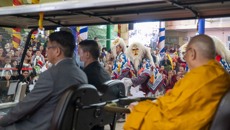 His Holiness the Dalai Lama arriving at the Main Tibetan Temple to attend Long Life Prayers offered by Shang Gaden Chökhorling Monastery, Nepal, a group from the Chatreng Community and the Phari Community in Dharamsala, HP, India on May 7, 2025. Photo by Tenzin Choejor