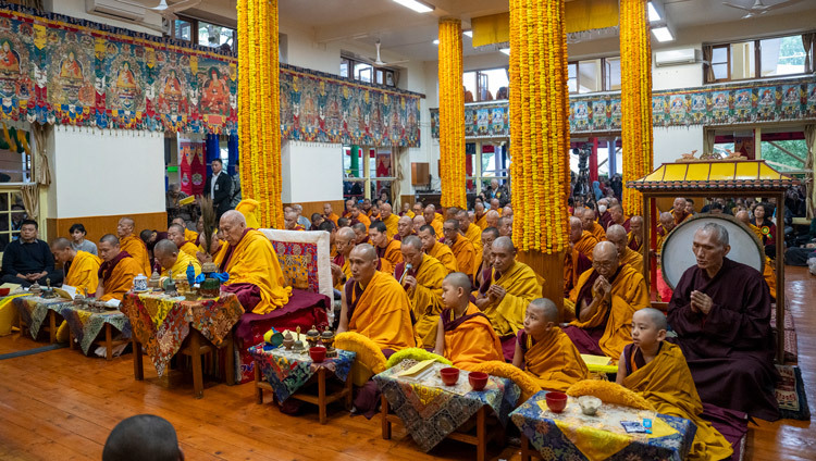 Ven. Samdhong Rinpoché leading the Long Life Prayers for His Holiness the Dalai Lama, with to his right Abbot of Gyumé Monastery, and to his left the Abbot of Shang Gaden Chökhorling Monastery, the young reincarnations of Dromo Geshé Rinpoché, Geshé Lhundup Sopa and the former Abbot of Sé-Gyu Monastery, at the Main Tibetan Temple in Dharamsala, HP, India on May 7, 2025. Photo by Tenzin Choejor