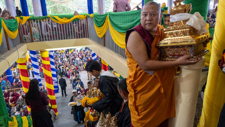 Members of the organizing communities lined up on the way to the Main Tibetan Temple holding offerings for His Holiness the Dalai Lama during the Long Life Offering Ceremony at the Main Tibetan Temple in Dharamsala, HP, India on May 7, 2025. Photo by Ven Zamling Norbu