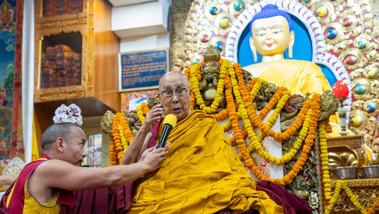 His Holiness the Dalai Lama addressing the congregation during the Long Life Offering Ceremony at the Main Tibetan Temple in Dharamsala, HP, India on May 7, 2025. Photo by Tenzin Choejor