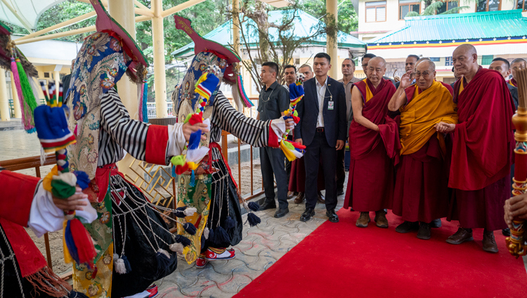 His Holiness the Dalai Lama arriving at the Main Tibetan Temple courtyard to meet with opera singers participating in the Shoton Fetival in Dharamala, HP, India on May 10, 2025. Photo by Tenzin Choejor