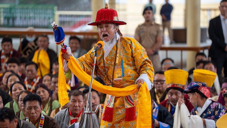 An artist from one of the opera troupes participating in the Shoton Festival performing for His Holiness the Dalai Lama at the Main Tibetan Temple courtyard in Dharamala, HP, India on May 10, 2025. Photo by Tenzin Choejor