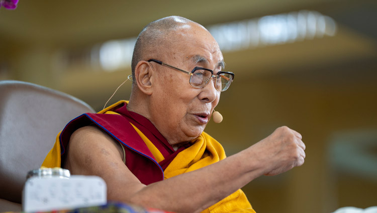 His Holiness the Dalai Lama addressing the gathering at the Main Tibetan Temple courtyard during the audience for members of opera troupes participating in the Shoton Fetival in Dharamala, HP, India on May 10, 2025. Photo by Tenzin Choejor