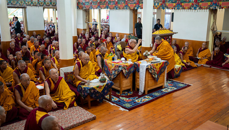 His Holiness the Dalai Lama attending a session of the Mani Dhungdrub at the Main Tibetan Temple in Dharamsala, HP, India on June 1, 2025. Photo by Tenzin Choejor