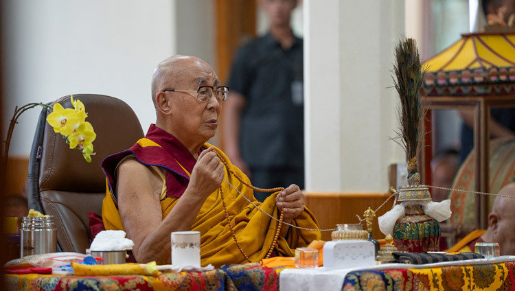 His Holiness the Dalai Lama reciting the mantra of Avalokiteshvara, Om mani padmé hung, during the session of the Mani Dhungdrub at the Main Tibetan Temple in Dharamsala, HP, India on June 1, 2025. Photo by Tenzin Choejor