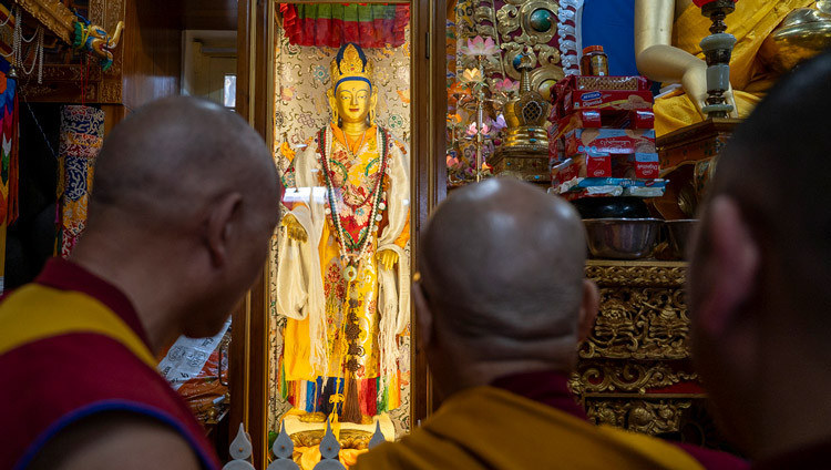 His Holiness the Dalai Lama looking at the Wati Sangpo statue as he prepare to depart after attending a session of the Mani Dhungdrub at the Main Tibetan Temple in Dharamsala, HP, India on June 1, 2025. Photo by Ven Zamling Norbu