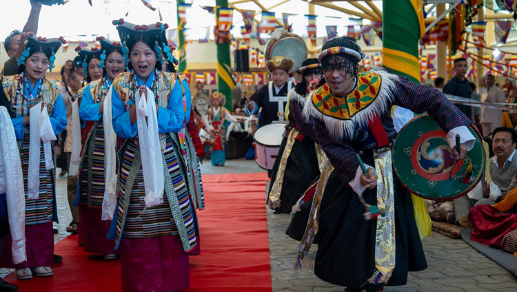 Tibetan artists performing as His Holiness the Dalai Lama arrives at the Main Tibetan Temple courtyard to attend a Long Life Offering ceremony in Dharamsala, HP, India on June 4, 2025. Photo by Tenzin Choejor