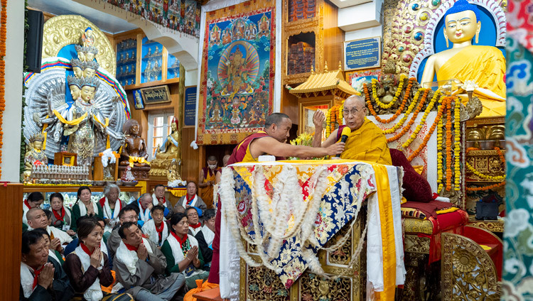 His Holiness the Dalai Lama addressing the congregation during the Long Life Prayers at the Main Tibetan Temple in Dharamsala, HP, India on June 4, 2025. Photo by Tenzin Choejor