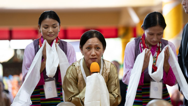 Tibetan women performing a song for His Holiness the Dalai Lama during the Long Life Prayers at the Main Tibetan Temple in Dharamsala, HP, India on June 4, 2025. Photo by Tenzin Choejor