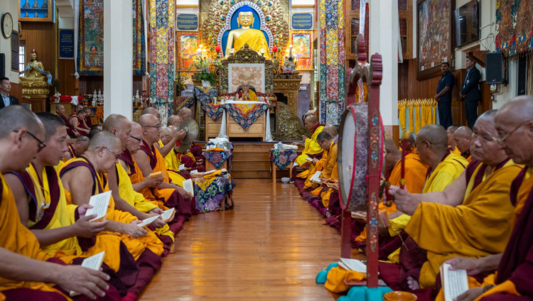 His Holiness the Dalai Lama, along with monks from Sera Mé Monastery reciting prayers to the Medicine Buddha at the Main Tibetan Temple in Dharamsala, HP, India on June 15, 2025. Photo by Tenzin Choejor