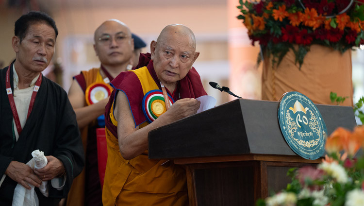 Kirti Rinpoché reading a tribute to His Holiness the Dalai Lama during celebrations in honor of His Holiness's 90th birthday according to the Tibetan lunar calendar at the Main Tibetan Temple courtyard in Dharamsala, HP, India on June 30, 2025. Photo by Tenzin Choejor