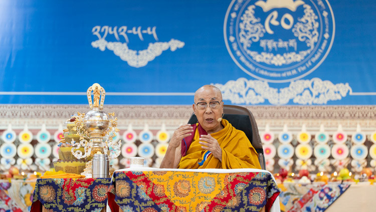 His Holiness the Dalai Lama addressing the congregation during celebrations in honor of his 90th birthday according to the Tibetan lunar calendar at the Main Tibetan Temple courtyard in Dharamsala, HP, India on June 30, 2025. Photo by Tenzin Choejor