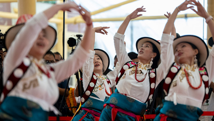 Dancers for Dhomey Province performing during celebrations in honor of His Holiness the Dalai Lama's 90th birthday according to the Tibetan lunar calendar at the Main Tibetan Temple courtyard in Dharamsala, HP, India on June 30, 2025. Photo by Tenzin Choejor