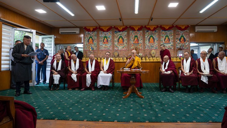 Sikyong Penpa Tsering delivering his opening remarks during the meeting with His Holiness the Dalai Lama and participants of the 15th Tibetan Religious Leaders Meeting at the meeting hall at his Holiness's residence in Dharamsala, HP, India on July 4, 2025. Photo by Tenzin Choejor