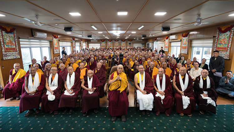 His Holiness taking part in photographs with delegates to the 15th Tibetan Religious Leaders Meeting during their meeting at his residence in Dharamsala, HP, India on July 4, 2025. Photo by Tenzin Choejor
