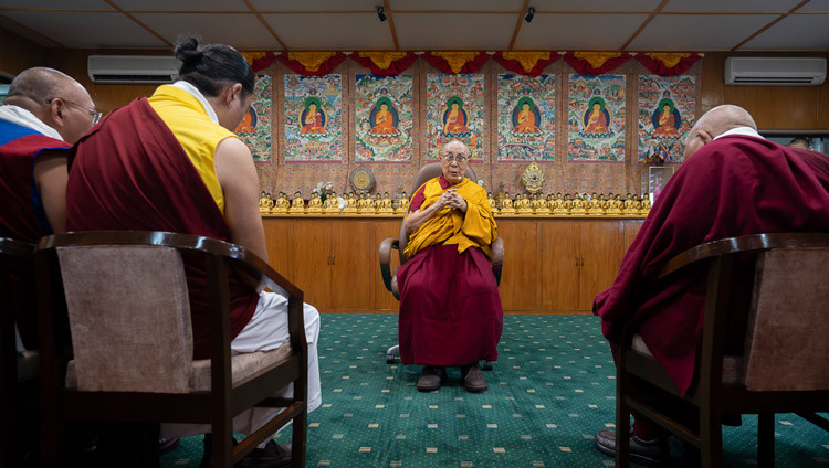 His Holiness the Dalai Lama addressing the gathering during the meeting with delegates to the 15th Tibetan Religious Leaders Meeting at the meeting hall at his residence in Dharamsala, HP, India on July 4, 2025. Photo by Tenzin Choejor