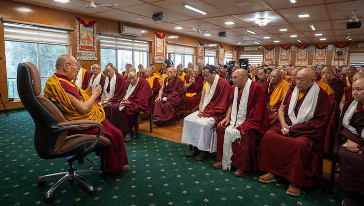 His Holiness the Dalal Lama meeting with delegates to the 15th Tibetan Religious Leaders Meeting at the meeting hall at his residence in Dharamsala, HP, India on July 4, 2025. Photo by Tenzin Choejor