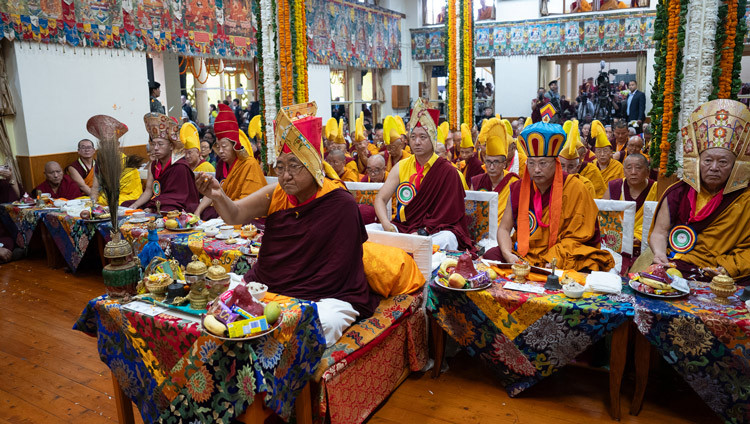 Sakya Gongma Trichen Rinpoché, the presiding master of the ceremony, leading the recitation of prayers for His Holiness the Dalai Lama's long life at the Main Tibetan Temple in Dharamsala, HP, India on July 5, 2025. Photo by Tenzin Choejor