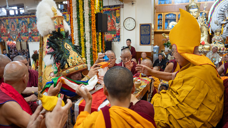 The Nechung Orcale presenting offerings to His Holiness the Dalai Lama during the Long Life Prayers at the Main Tibetan Temple in Dharamsala, HP, India on July 5, 2025. Photo by Tenzin Choejor