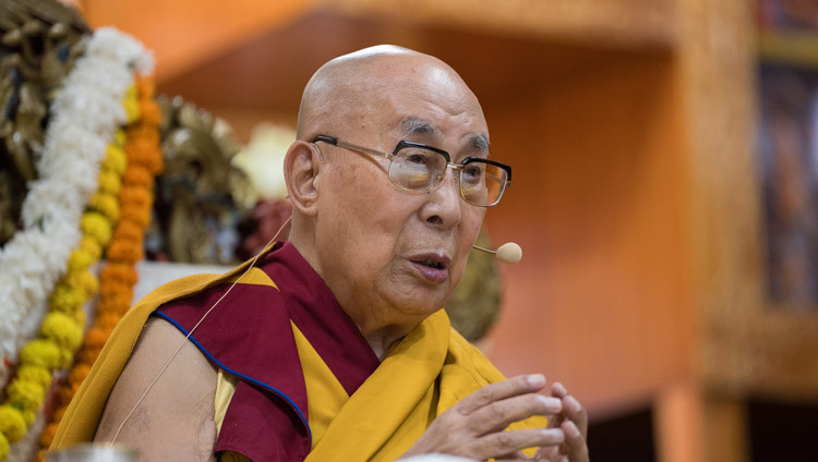 His Holiness the Dalai Lama addressing the congregation during the Long Life Prayers at the Main Tibetan Temple in Dharamsala, HP, India on July 5, 2025. Photo by Tenzin Choejor