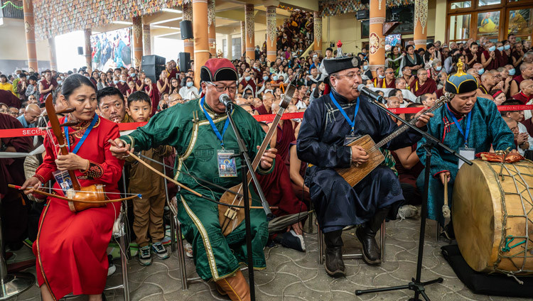 Musicians from Mongolia performing as His Holiness the Dalai Lama departs at the conclusion of the Long Life Prayers at the Main Tibetan Temple in Dharamsala, HP, India on July 5, 2025. Photo by Tenzin Choejor